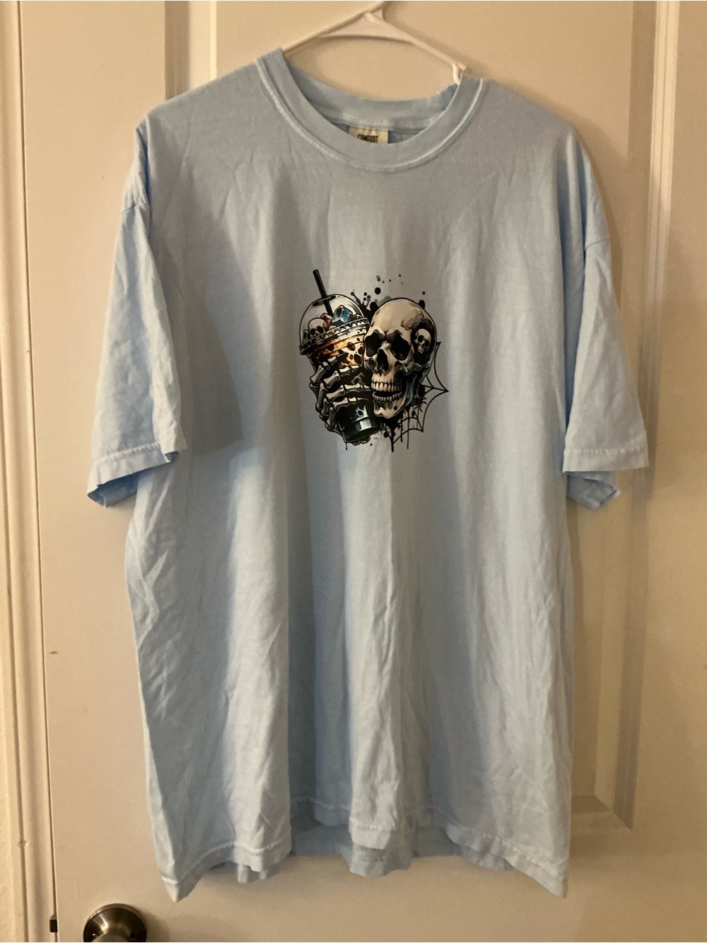 Custom Halloween Shirt Graphic Screen Print Skull Iced Coffee Blue NWT XL